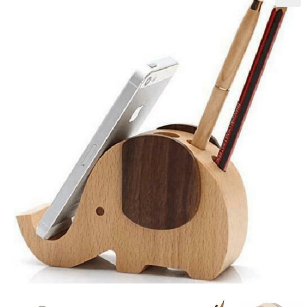 Wooden Elephant Phone and Pen Holder